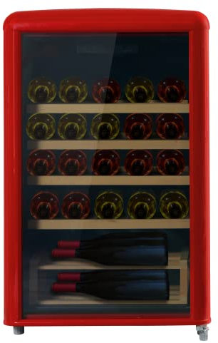Amica WKR 341 920 R Retro-Weinkühlschrank/Weintemperierschrank im Retro Design/Rot/max. 30 Bordeauxflaschen (0,75l) / 87,5 x 55cm / 4 Holzlagerböden aus Buche/Kompressor-Technik