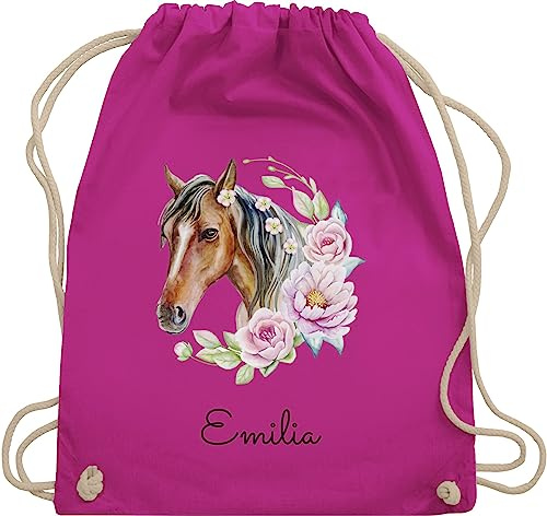Turnbeutel Rucksack - Pferd Pferde - Wunschname Pferdekopf Name I Pferdemotiv I Geschenk Pferdemädchen - Unisize - Fuchsia - beutel für kindergarten pferderucksäcke pferden horse sportbeutel