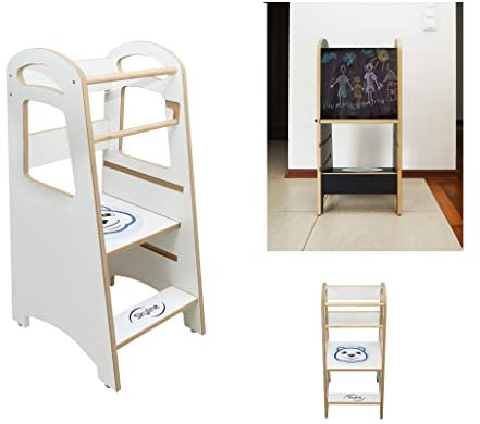Skyline Steh und Lernturm Baby ab 1 Jahr Montessori Learning Tower Höhenverstellbar Tritthocker Kinder Indoor Möbel Kinderzimmer Trittschemel Kitchen Helper Hochstuhl mit Tafel Board (Weiß/Teddy)
