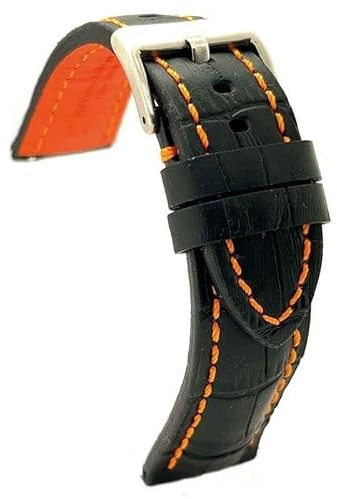 diloy Krokodilprägung Lederarmband extra dick für Chronographen – Größen 20mm 22mm 24mm 395 Schwarz Und Orange 22mm