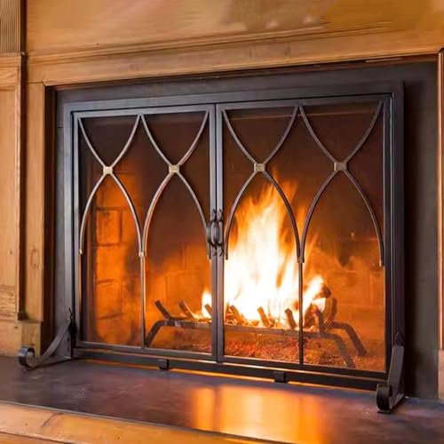 NUNETH Kaminschutzgitter 2-türiges Kamingitter, Flaches Brandschutzgitter, Verdickter Eisenfeuer-Schirmschutz, Kamintor Feuerfunkenschutz für Wohnzimmer, Schlafzimmer Dekor