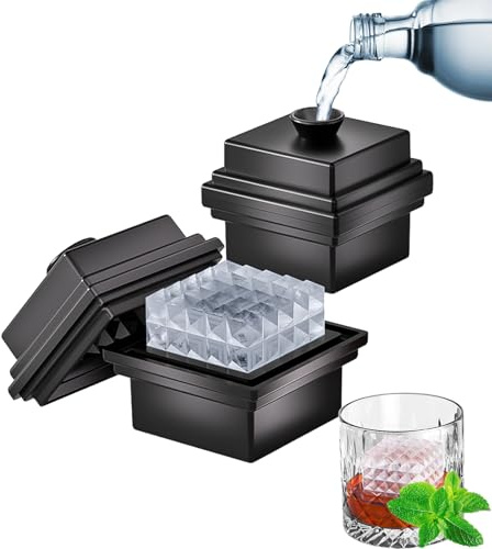 Silicone Large Ice Cube Tray with Funnel Lid-5.3cm, Square Ice Trays Easy Release, Slow Melting Rhombus Shape Ice Cubes Perfect for Whiskey, Cocktail and Drink (2)