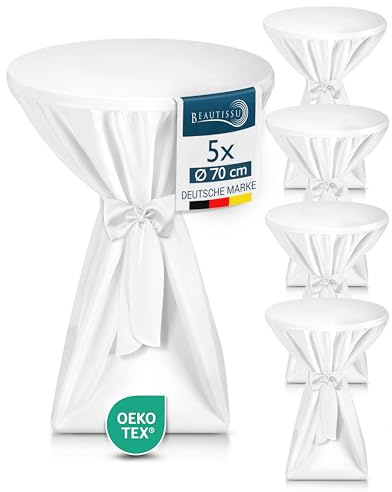 Beautissu 5X Premium Stehtischhussen 70 cm Blickdicht Weiß – Tischhussen für Stehtische 70 cm rutschfest Bügelfrei & Waschbar Stehtischüberzug Schleifenband – Husse für Stehtisch Bistrotisch