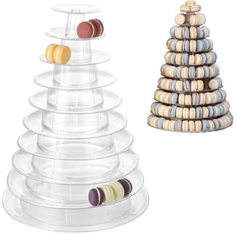 YAYODS Supporto a torre per macaron a 10 ripiani, trasparente, rotondo, in plastica, espositore per macaron, torte, dessert, per matrimoni, compleanni, baby shower, decorazioni per feste