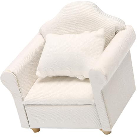 JOINPAYA Miniatur Möbelstück Eleganter Weißer Einzelner Sofa Für Puppenhaus Holz Sofa Mit Kissen Für Wohnzimmer Deko Für Puppenliebhaber