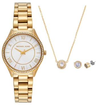 Michael Kors Orologio Lauryn da donna, movimento al quarzo a tre lancette con cinturino in acciaio inossidabile o in pelle, 33 mm, Set di toni dorati