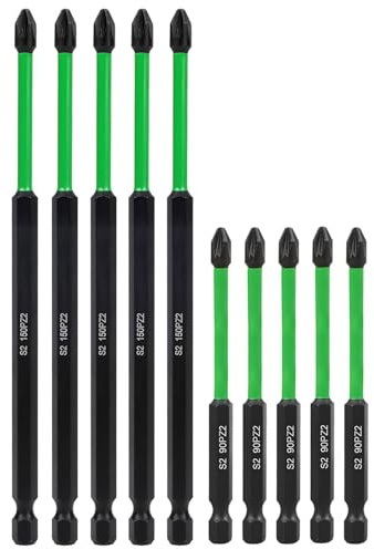 10pcs Pozidriv Screwdriver Bit Set PZ2 POZI No.2 Screw Driver Drill Bits | Saipor Magnetic Impact Screwdriver Driver Bits Set S2 Steel 1/4 Inch Hex Shank Impact Driver Bit 90mm + 150mm Long