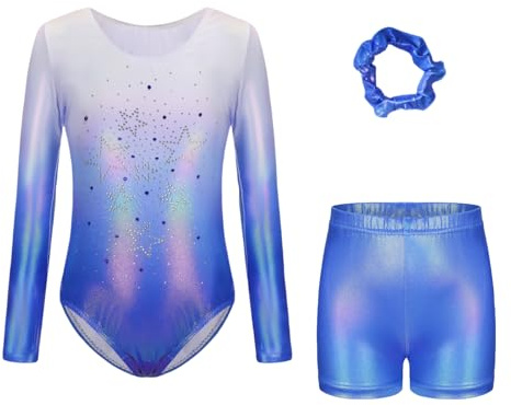 Sanshaion Gymnastics Leotards Set For Girls - with Shorts and Headband Gradient Color Sparkling Ballet Dancing Unitards Gymnastics Outfit for 5-12 Years (BLUE-LONG, Tag 10A(9-10 Years))