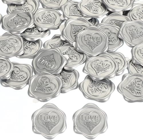 PATIKIL Liebes-Wachs-Siegel-Aufkleber, 50er Pack geprägte selbstklebende Aufkleber für Umschläge Briefe, Silber
