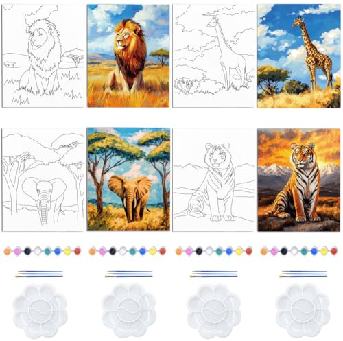 WEBEEDY 4 Pack Vorgezeichnete Leinwand Zum Malen Für Erwachsene Tiere Leinwandmalset 20x25cm Sip Und Malset Für Paare Date Night Malparty Zubehör Geschenk zu Weihnachten