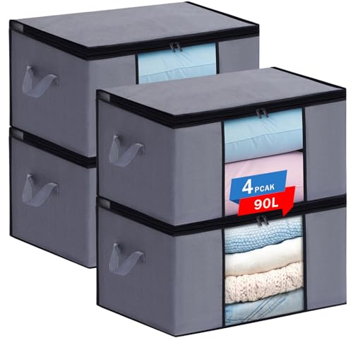 JAECU 4 Pezzi 90L Scatole per Vestiti Salvaspazio, Scatola per Armadio Pieghevole Porta Abiti con Manico Rinforzato, per Coperte Biancheria da Letto, 60x43x35cm