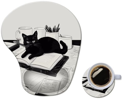 Tapis de souris ergonomique avec repose-poignet, tapis de souris confortable en gel pour ordinateur portable, tapis de souris anti-douleur, avec base antidérapante en polyuréthane, motif chat noir et
