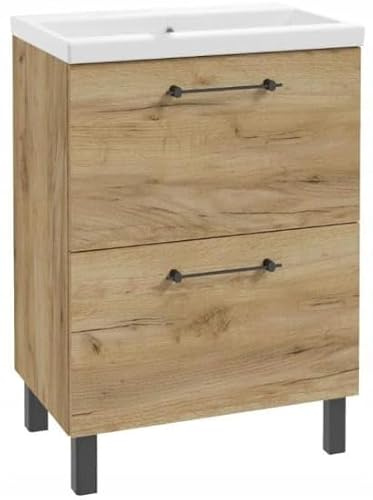 .Deftrans Waschbeckenunterschrank 50x80 cm mit waschbecken – Badezimmer Unterschrank Eiche Craft, stehend mit 2 Schubladen Soft-Close, Badmöbel mit Füßen