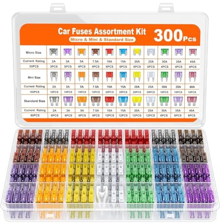 300 Stück kfz Sicherung 2-40A Autosicherungen Set (2A/3A/5A/7.5A/10A/15A/20A/25A/30A/35A/40A) Mini/Standard/Micro-Blade Sicherungen mit 1 Sicherungsabzieher für Auto-Licht, Zündung, Armaturenbrett