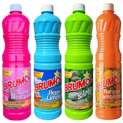 Brumol 4 Piece Spanish Cleaning Products Floor Cleaner Giftset Bundle 1L – Ropa Limpia, Naranja, Rosa Mosqueta, Bambu – Powerful Concentrated Liquid for Home, Kitchen, Bathroom, Surface, Limescale