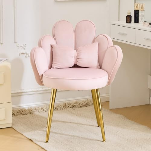 TactFire Schminktisch Stuhl mit Blütenblatt-Rückenlehne Rosa | Sessel Wohnzimmer Lesesessel mit Schleifenkissen