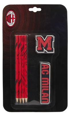 A.C. Milan Skolpappersvaror, set med 4 pennor och 2 suddgummi, lämplig för skola och kontor, officiell produkt, röd