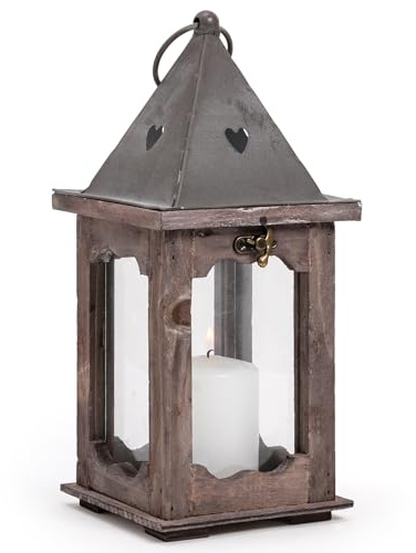 Lanterne rustique en bois avec verre et dessus en métal | Décoratif | Style Shabby Chic/Farmhouse | Bougeoir décoratif pour intérieur et extérieur | Lanterne blanche ou bois foncé | h 30 cm (bois