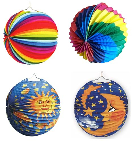 Hezhou 4 PCS Lampions Papierlaternen Mehrfarbige Partydeko Runde Lantern Laterne Papier Papierlaterne Fantasie Laterne mit Bunten Motiven für St. Martin Weihnachten Kindergeburtstag (A)