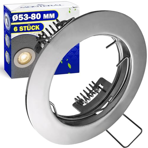 MONTERAL 6 Stück LED Einbaustrahler Rahmen Ø 53-80 mm Chrom Stahlgehäuse | Einbaurahmen für Glühbirne GU10 Max 50W - Garantie 10 Jahre - MONTERAL