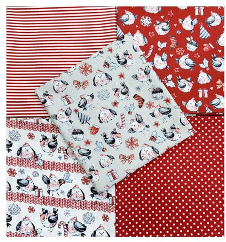 Christmas Fabric - Cute Red Robin Fat Quarter Bundle Fabric Mix - Bunting Craft Fabric Material