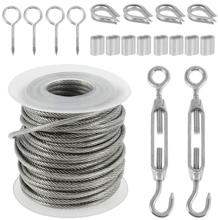 Cable Inox,Cable Acier Kit de garde-corps câble métallique en métal 15M/30M, vis à robuste Uso apto para jardin, enduit(15M)