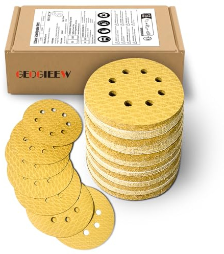 GEOGIEEW 80 Pièces Disques Abrasifs 125mm, 8 Trous Grain 220 | Base Latex Résistante aux Déchirures | Pour Bois/Métal/Voiture | Professionnels & DIY | Compatible Ponceuse Excentrique