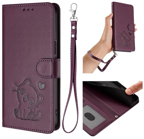 HAOFUGUI Funda Cartera para Moto G22 4G / E32S / E22S 4G, de Cuero PU con Gato Grabado Carcasa, Tapa con Tarjetero Función Soporte y Correa de Muñeca Desmontable-Violeta