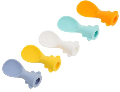TOBBOMEY Ensemble De 5 Cuillères Alimentaires Complémentaires Pour Bébés Et Jeunes Enfants Comprenant Une Fourchette Une Cuillère Un Étui Et Un Embout Transparent Pour Transporter Les