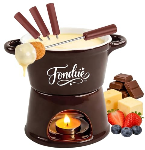 Yoassi Keramik Käsefondue Set, Mini Schokoladenfondue Tasse, Käsebecher mit 4 Gabeln, zum Schmelzen Käse Schokolade Butter, 300ml Porzellan Topf für Familienessen Nachtisch, Geburtstagsfeier, Braun