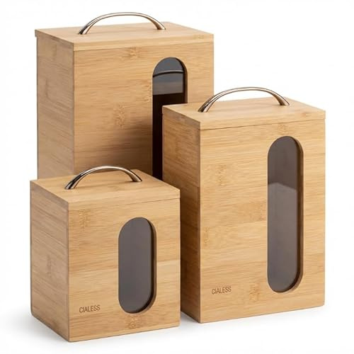CIALESS Aria Contenitori Ermetici in bambù con Finestra in Vetro – Set (Piccolo, Medio, Grande) – Barattoli Cucina per Pasta, Riso, Cereali – Organizer Dispensa e Bagno (1 piccolo, 1 medio, 1 grande)