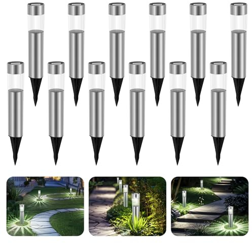 Aigostar 12er Set Solarlampen LED mit Erdspieß, Kaltweiß 6500K, IP44 Schutzart, Automatische Beleuchtung, Edelstahl Solarleuchte für Außen, Gartendeko Terrasse, Rasen, Beet, Weg