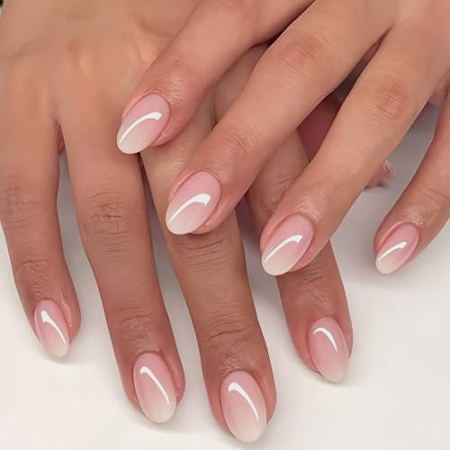 KQueenest Ombré Rosa Press on Nails Kurz Mandel, 32 Stück 16 Größen Fingernägel zum Aufkleben, Glänzende Full Cover French Fake Nails, Natürlich Dick Künstliche Nägel für Frauen für den Alltag