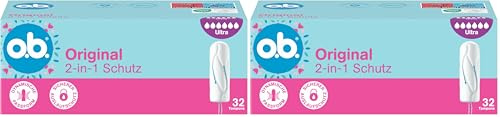 o.b. Original Ultra 2-in-1-Schutz Tampons 32 Stk Mit Dynamischer Passform und Ineinandergreifenden Rillen für Bis Zu 100% Auslaufschutz und Komfort (Packung mit 2)