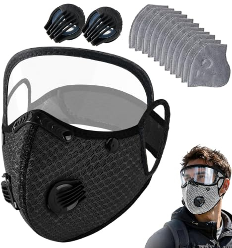 Reusable Carbon Filter Dust Mask with Adjustable Goggles, Adjustable Dust Mask, Reusable Activated Carbon Face Mask with 10 Filters and 2 Valves, For Woodworking Mowing Dust (Black)