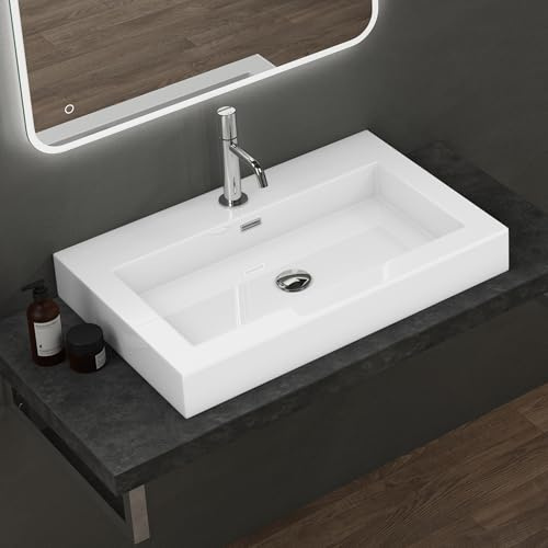 doporro Lavabo Suspendu Vasque à Poser Blanc 73cm Lave Mains Rectangulaire Colossum18 73x48x10cm
