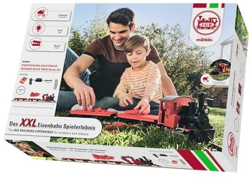 LGB – 90463 Gartenbahn Starterset Klemmbausteinzug mit Lokomotive und zwei Waggons, Outdoor-Eisenbahn, Spur G, 74.9 x 54.1 x 15.49 cm
