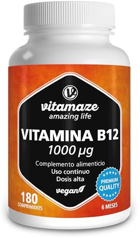 Vitamaze® Vitamina B12 1000 mcg Alto Dosaggio Metilcobalamina Pura, 180 Compresse Vegan Fornitura 6 mesi per l'ingestione Orale, Qualità Tedesca, Naturale Integratore senza Additivi non Necessari