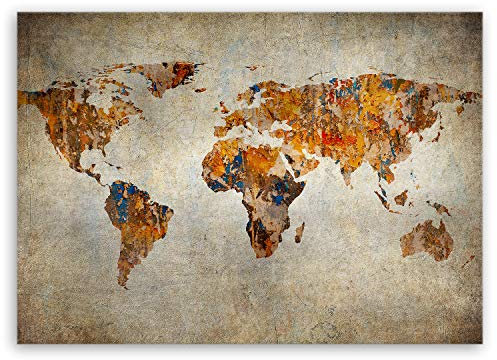 ge Bildet Bild auf Leinwand | Weltkarte Retro - Weltkarte F in 70x50 cm als Wandbild | Wand-deko Dekoration Wohnung modern Bilder | 2201