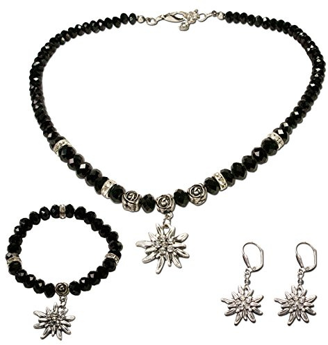 Alpenflüstern Trachtenschmuck-Set Perlen-Trachtenkette, Armband & Ohrhänger Strass-Edelweiß - Dirndl-Kette, Armkette, Ohrringe in traditionellen Farben SET024