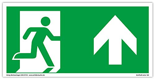 Schild Notausgang | extra langnachleuchtend | PVC selbstklebend 297x148mm | gemäß ASR A1.3 DIN 7010 DIN 67510 | Notausgangsschild rechts aufwärts geradeaus| Fluchtweg Rettungsweg | Dreifke® extra 160