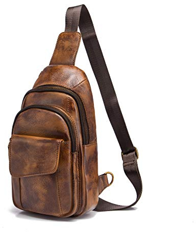 Le’aokuu Herren Echtes Leder Hüfttasche Bauchtsche Brusttasche Crossbody Bag Sling Bag Schultertsche Brustbeutel Freizeit Reisen Outdoor Tasche 8013
