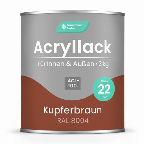 Grundmann Acryllack ACL 100 - Braun 3 Kg - 4in1 Lack inkl. Grundierung - Innen und Außen - Für Holz, Metall, Stein & Kunststoff - Kupferbraun RAL 8004