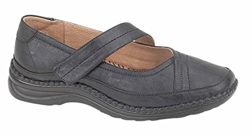 Boulevard Womens Ladies Black EEE Extra Wide Fitting Touch Fasten Mary Jane Loafers (Black, Numeric_4), 4 UK Wide