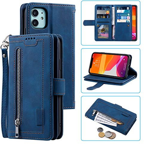 UEEBAI Brieftaschenhülle für iPhone 11 6.1, Retro 9 Kartenfächer Reißverschlusstasche Handtaschenhülle PU-Leder Magnetverschluss Ständer mit Handschlaufe TPU stoßfeste Klappenhülle - Blau