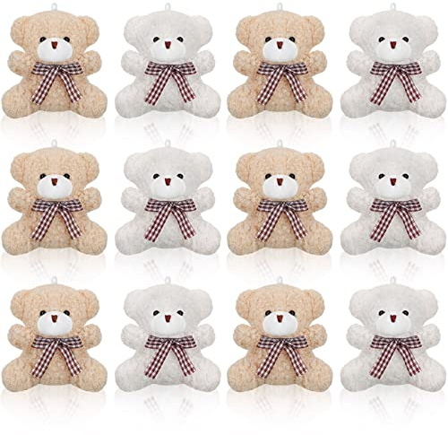 Zomiboo 12 Stück 4 Zoll Plüsch Mini Ostern Dekoration Kuscheltiere Weiche Gliederpuppe Spielzeug Kleine Pelzige Puppen für Baby Shower DIY Schlüsselanhänger Taschen Deko (Bär, Aprikose und Weiß)