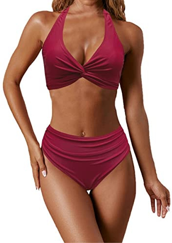 NLAND Push Up hög midja bikini tvådelad baddräkt dam sommar strandkläder, Rödvin, L