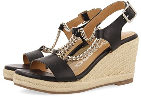 GIOSEPPO Sandalias Negras de Piel con Detalle de Cadena y cuña de Yute para Mujer looze