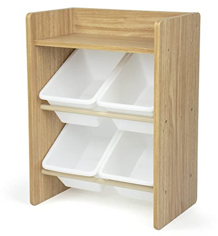 Humble Crew stilvolles Kinderregal in Natur/Weiß! 4 Boxen für Spielzeug, ideal für Kinderzimmer. Jetzt Ordnung mit natürlichem Charme schaffen