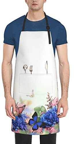 ZOBOTA Kanadische Smokey Mountain Cliff bedruckte Schürze mit Taschen, verstellbare Kochschürze, Küchenschürze für Grillkochen, Hortensien Gänseblümchen Schmetterlinge, EinheitsgröÃŸe